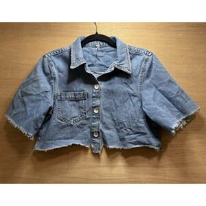Free People Women's Denim Crop Top Size 4 Button Up 100% Cotton Raw Hem